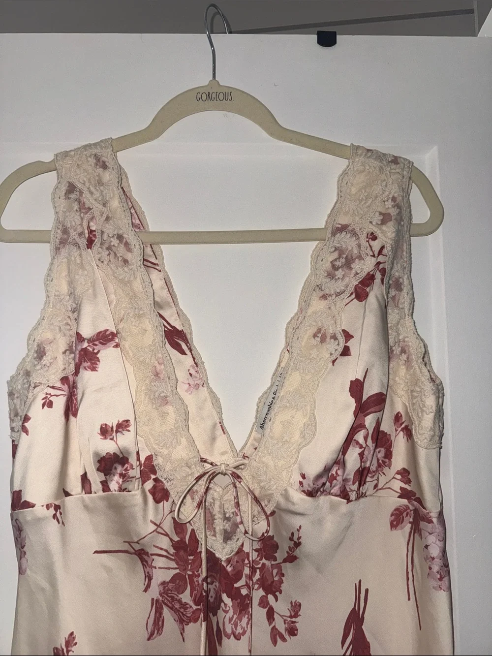 Floral Lace-Trim Satin Maxi Dress - Cream with Dusty Rose Floral